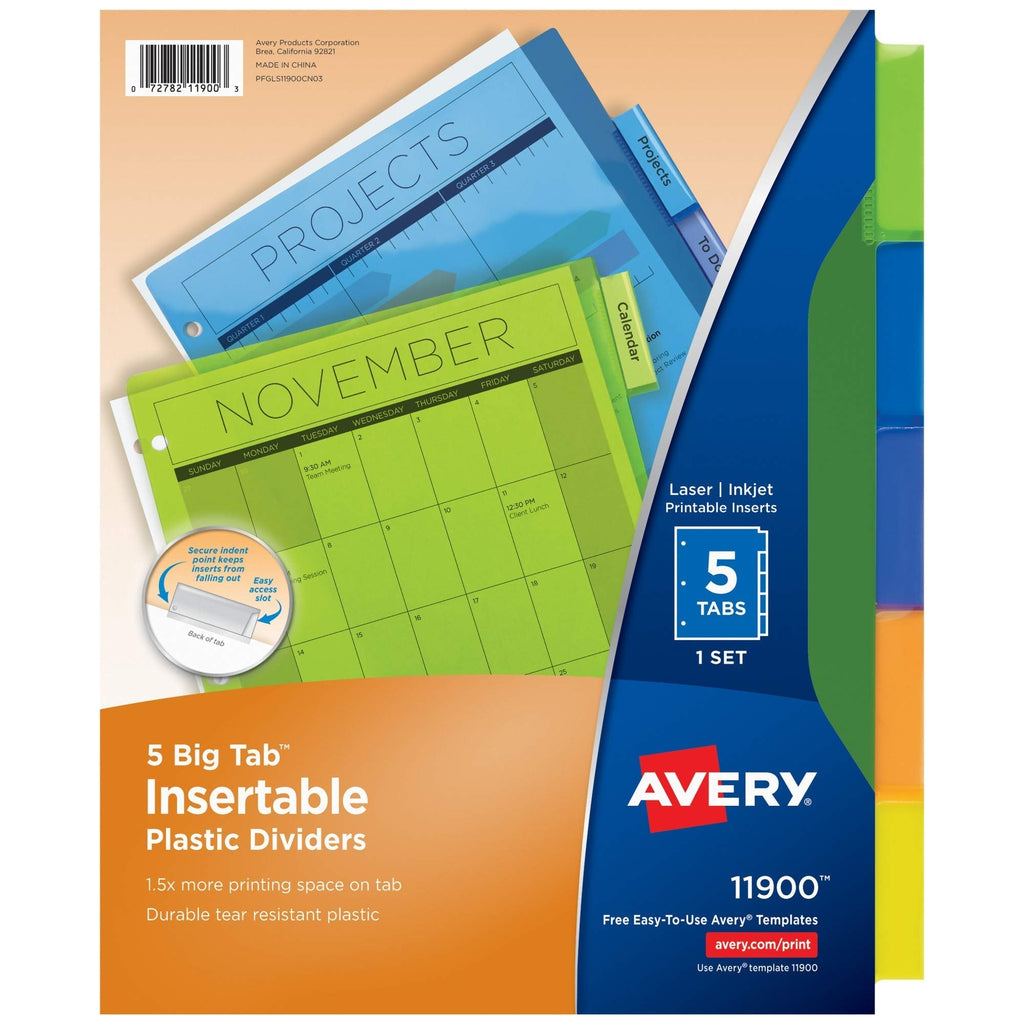 Avery 5-Tab Plastic Insertable Binder Dividers, 24 Sets (11900)