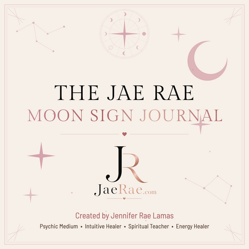 Cover of The Jae Rae Moon Sign Journal, showing a crescent moon, constellations and a moon phase wheel in blush and rose gold